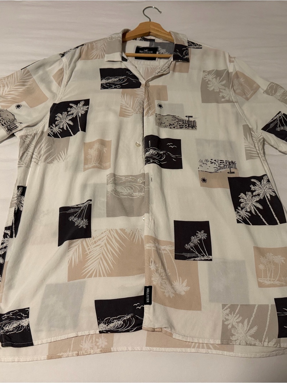 Hollister Cream Short-Sleeve Button-Down with Black & Tan Print
